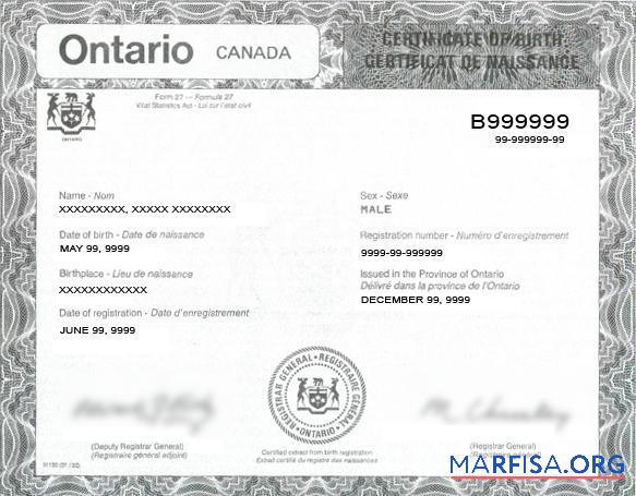 Printable Canada General registrar birth certificate sample